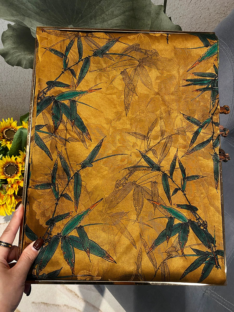 Bamboo Leaves Golden Gambiered Canton Silk Scarf