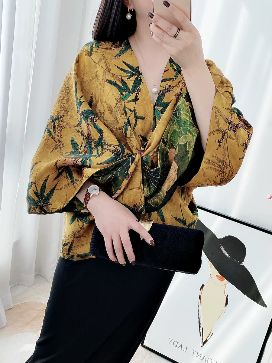 Bamboo Leaves Golden Gambiered Canton Silk Scarf