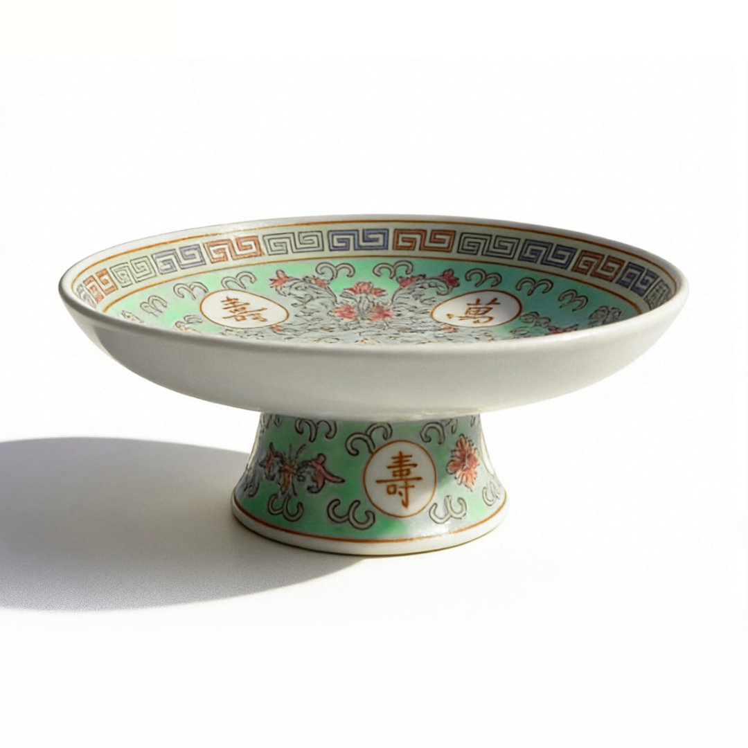 Hand Painted Famille Rose Longevity Without End High Footed Gong Plate